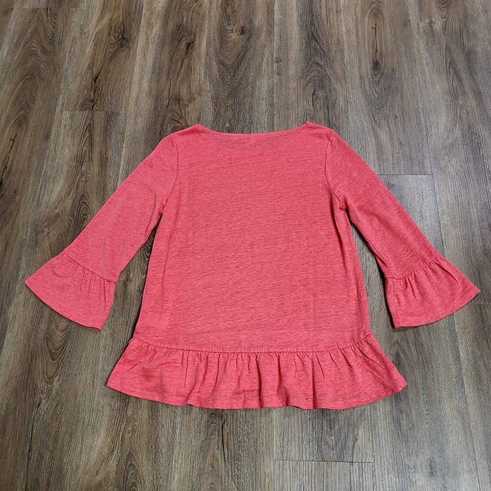 Boden linen 3/4 sleeve ruffle bottom bell sleeve top blouse size small boat neck - Picture 7 of 11